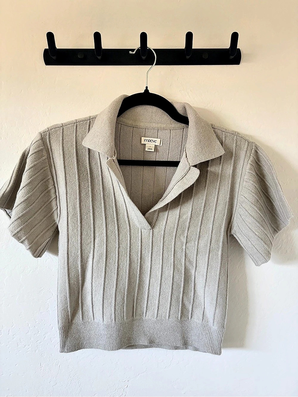 Anthropologie Maeve Ribbed Collared Short Sleeve Top in Gray Like New